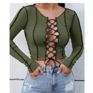 Green long sleeve crop top with lace up detail